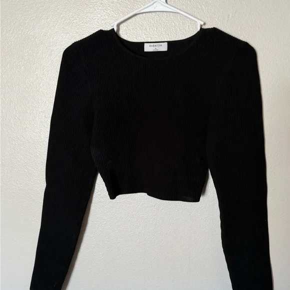 Aritzia Babaton Black Ribbed Sculpt Knit Cropped Longsleeve Women’s M - Picture 3 of 6